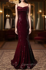 Wine Red Mermaid Straps Long Evening Prom Dress Party Dress, Wine Red Sequins Evening Dress