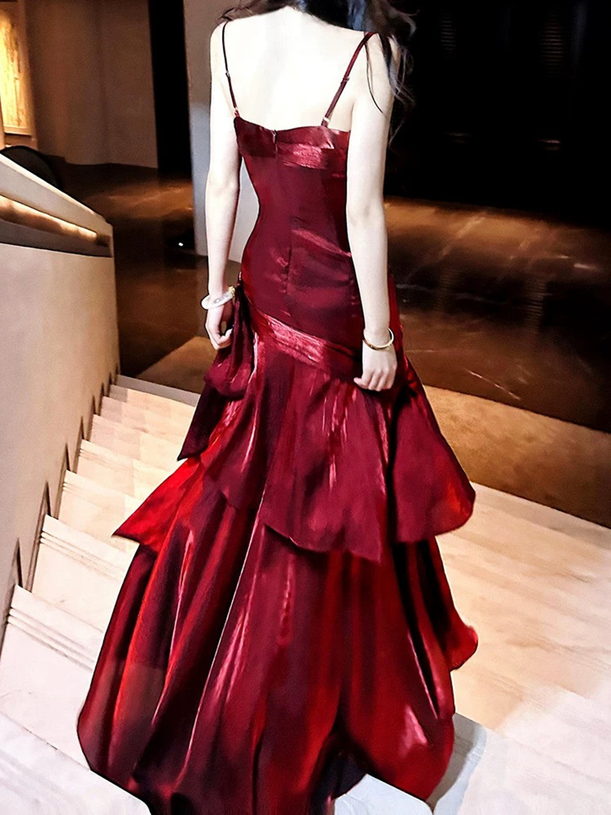 Wine Red Mermaid Straps Satin Long Classy Dress, Wine Red Satin Classy Prom Dress
