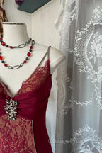 Wine Red Mermaid Straps Sweetheart Party Dress, Wine Red Lace Evening Prom Dress
