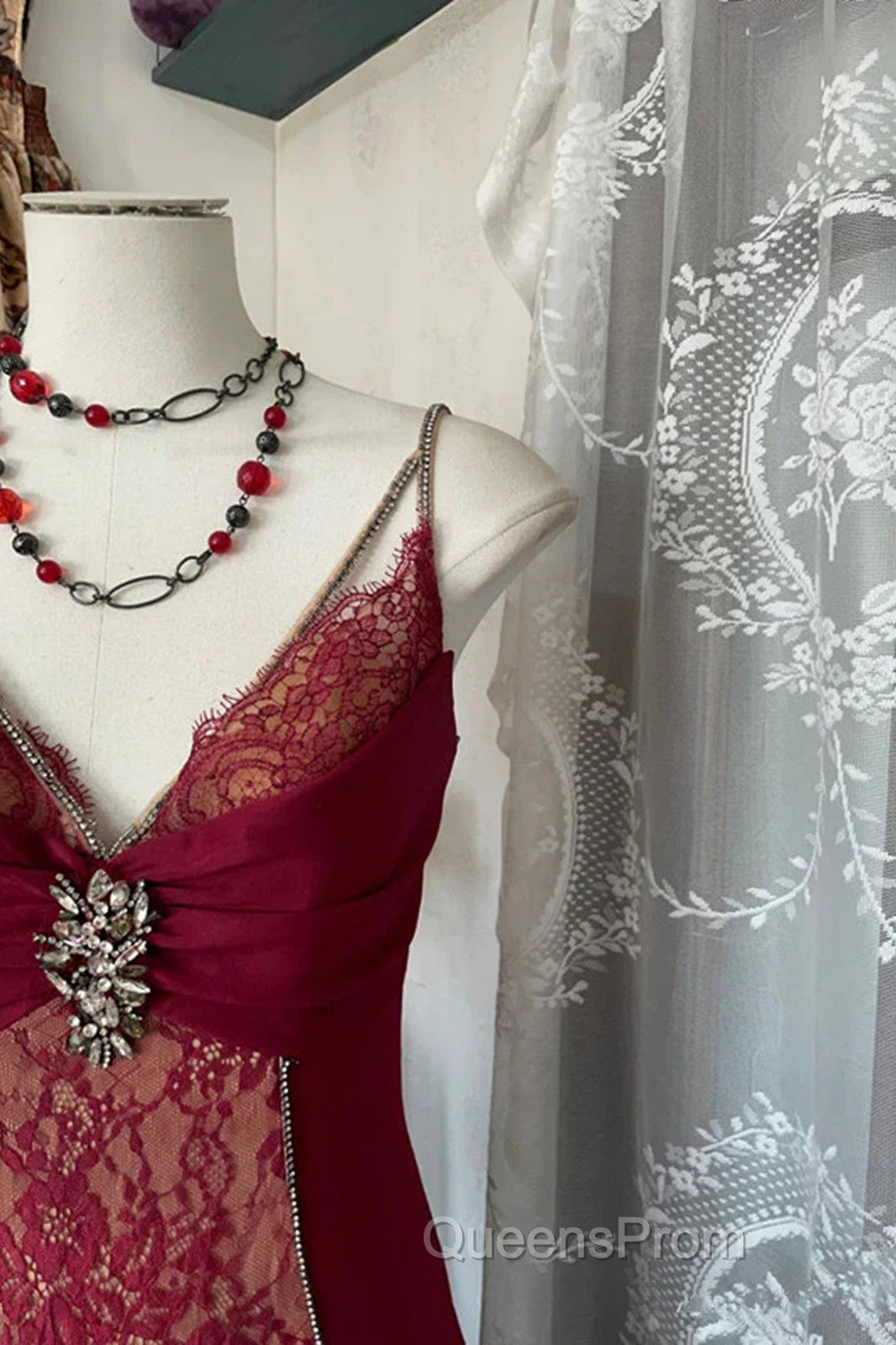 Wine Red Mermaid Straps Sweetheart Party Dress, Wine Red Lace Evening Prom Dress