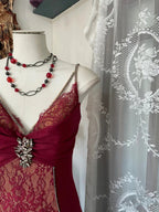 Wine Red Mermaid Straps Sweetheart Party Dress, Wine Red Lace Classy Prom Dress