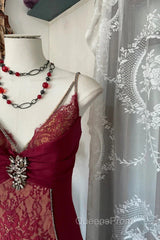 Wine Red Mermaid Straps Sweetheart Party Dress, Wine Red Lace Evening Prom Dress