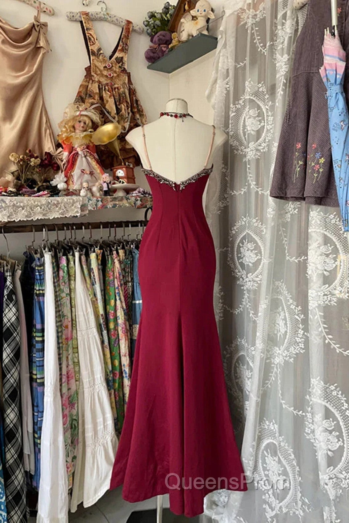 Wine Red Mermaid Straps Sweetheart Party Dress, Wine Red Lace Evening Prom Dress