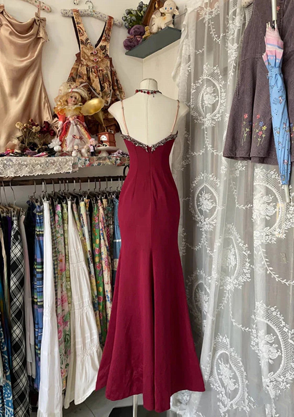Wine Red Mermaid Straps Sweetheart Party Dress, Wine Red Lace Classy Prom Dress