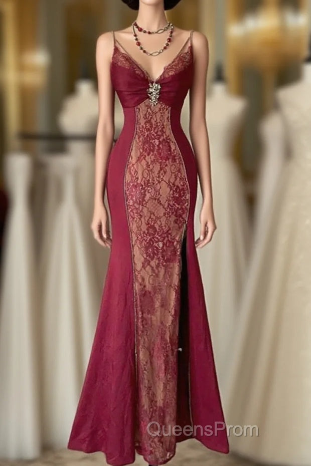 Wine Red Mermaid Straps Sweetheart Party Dress, Wine Red Lace Evening Prom Dress Main image