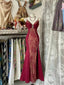Wine Red Mermaid Straps Sweetheart Party Dress, Wine Red Lace Classy Prom Dress