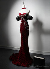 Wine Red Mermaid Velvet Beaded Long Formal Dress, Wine Red Prom Dress