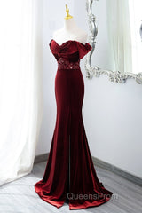 Wine Red Mermaid Velvet Long Party Dress, Wine Red Evening Prom Dress Evening Dress