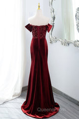 Wine Red Mermaid Velvet Long Party Dress, Wine Red Evening Prom Dress Evening Dress