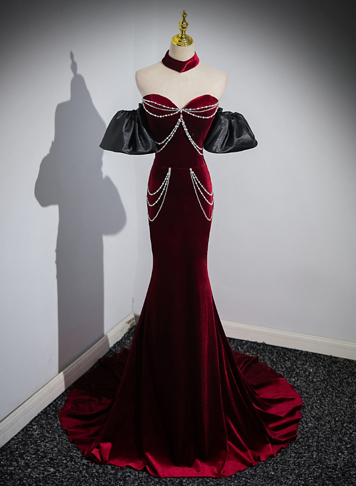 Wine Red Mermaid Velvet Off Shoulder Party Dress, Wine Red Long Classy Evening Dress Classy Prom Dress Main image