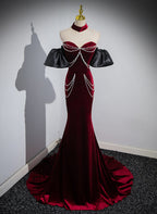 Wine Red Mermaid Velvet Off Shoulder Party Dress, Wine Red Long Classy Evening Dress Classy Prom Dress