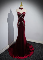 Wine Red Mermaid Velvet Off Shoulder Party Dress, Wine Red Long Classy Evening Dress Classy Prom Dress
