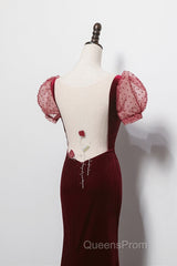 Wine Red Mermaid Velvet With Short Sleeves Formal Dress, Wine Red Evening Dress