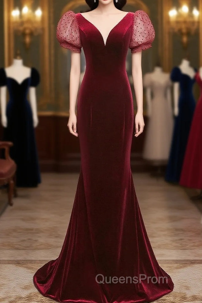 Wine Red Mermaid Velvet With Short Sleeves Formal Dress, Wine Red Evening Dress Main image