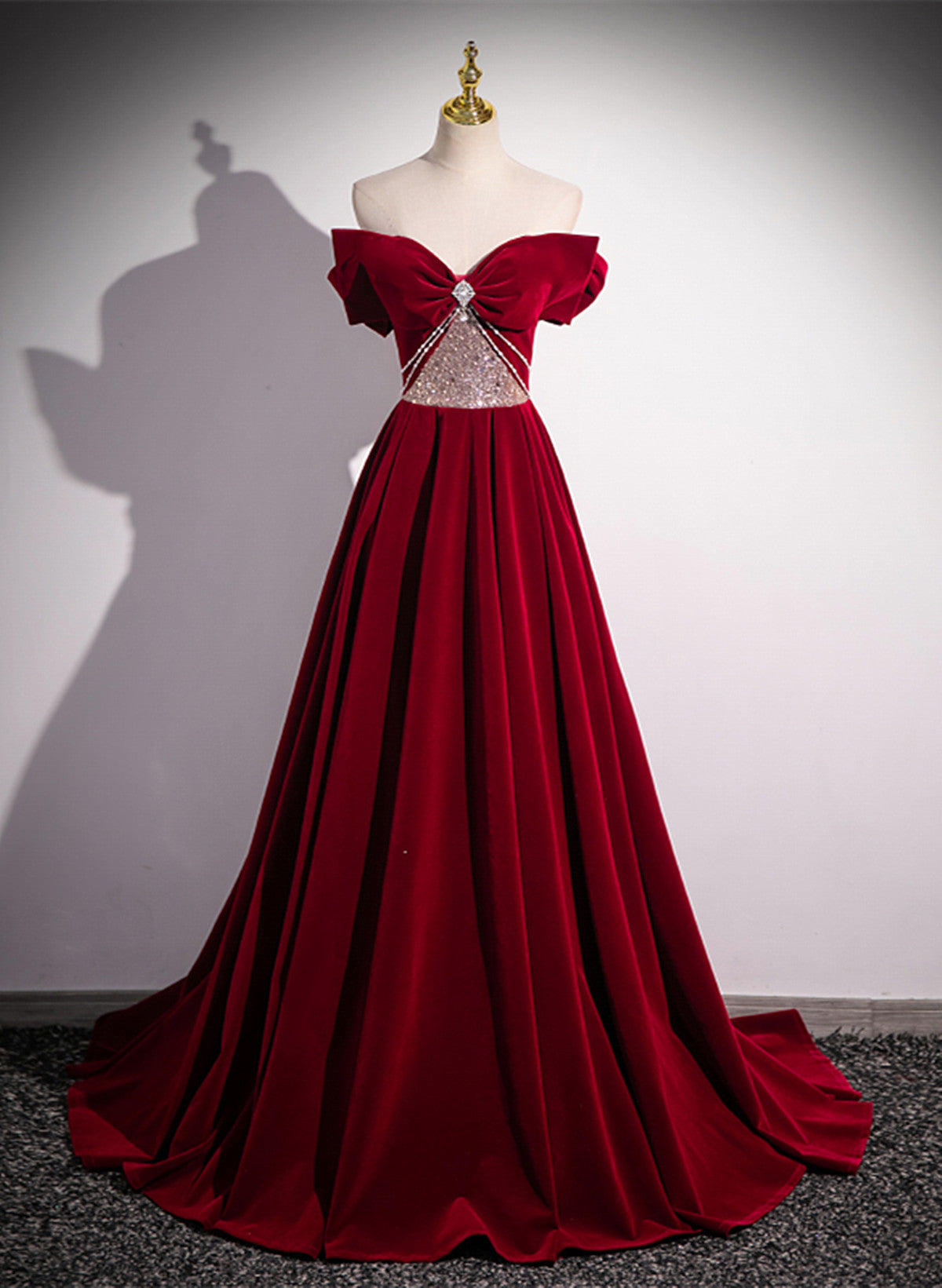 Wine Red Off Shoulder Beaded Long Velvet Party Dress, Wine Red Classy Prom Dress