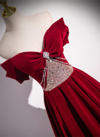 Wine Red Off Shoulder Beaded Long Velvet Party Dress, Wine Red Classy Prom Dress