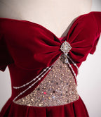 Wine Red Off Shoulder Beaded Long Velvet Party Dress, Wine Red Classy Prom Dress