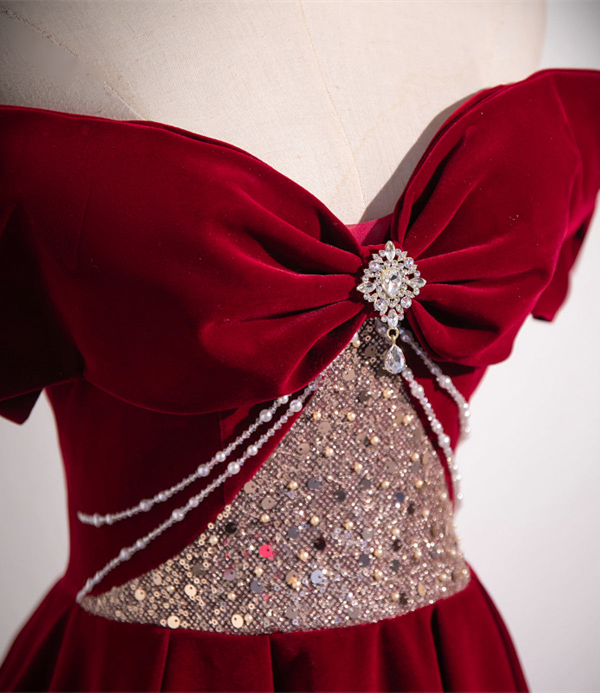 Wine Red Off Shoulder Beaded Long Velvet Party Dress, Wine Red Classy Prom Dress
