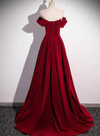 Wine Red Off Shoulder Beaded Long Velvet Party Dress, Wine Red Classy Prom Dress
