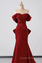 Wine Red Off Shoulder Mermaid Long Party Dress, Wine Red Evening Dress Evening Prom Dress