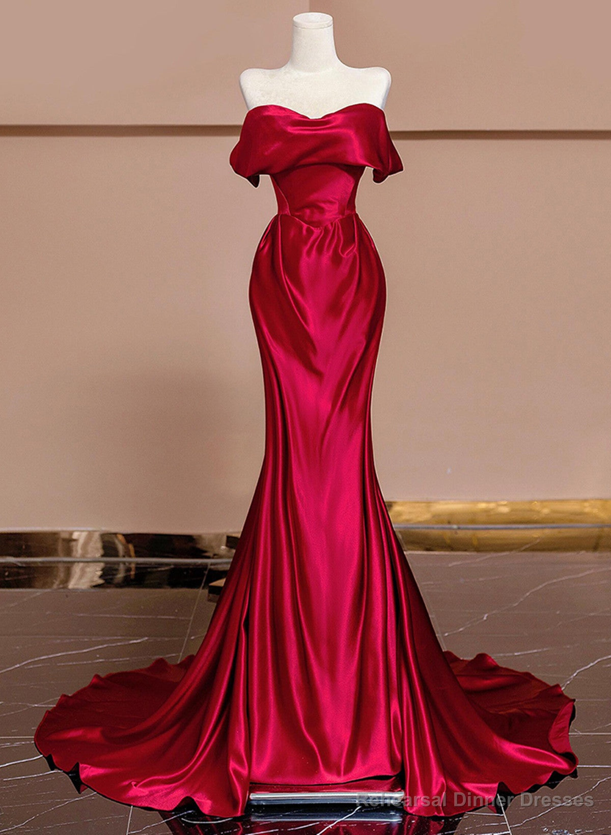 Wine Red Off Shoulder Satin Long Evening Dress, Wine Red Prom Dress Main image