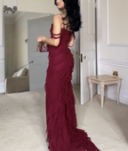 Wine Red Off Shoulder Straps Multi-Layered Ruffles Long Classy Prom Dress