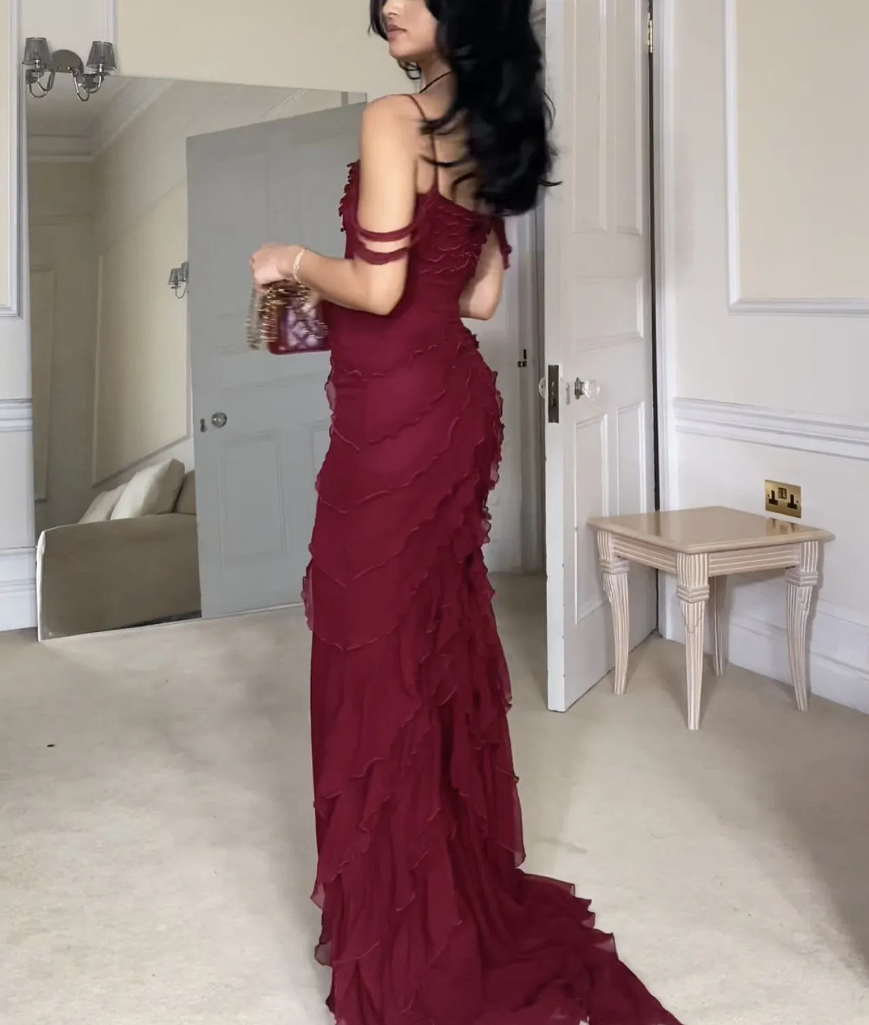 Wine Red Off Shoulder Straps Multi-Layered Ruffles Long Classy Prom Dress