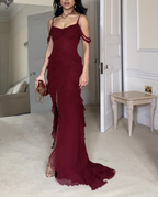 Wine Red Off Shoulder Straps Multi-Layered Ruffles Long Classy Prom Dress
