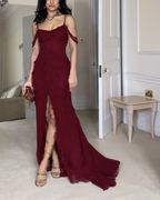 Wine Red Off Shoulder Straps Multi-Layered Ruffles Long Classy Prom Dress