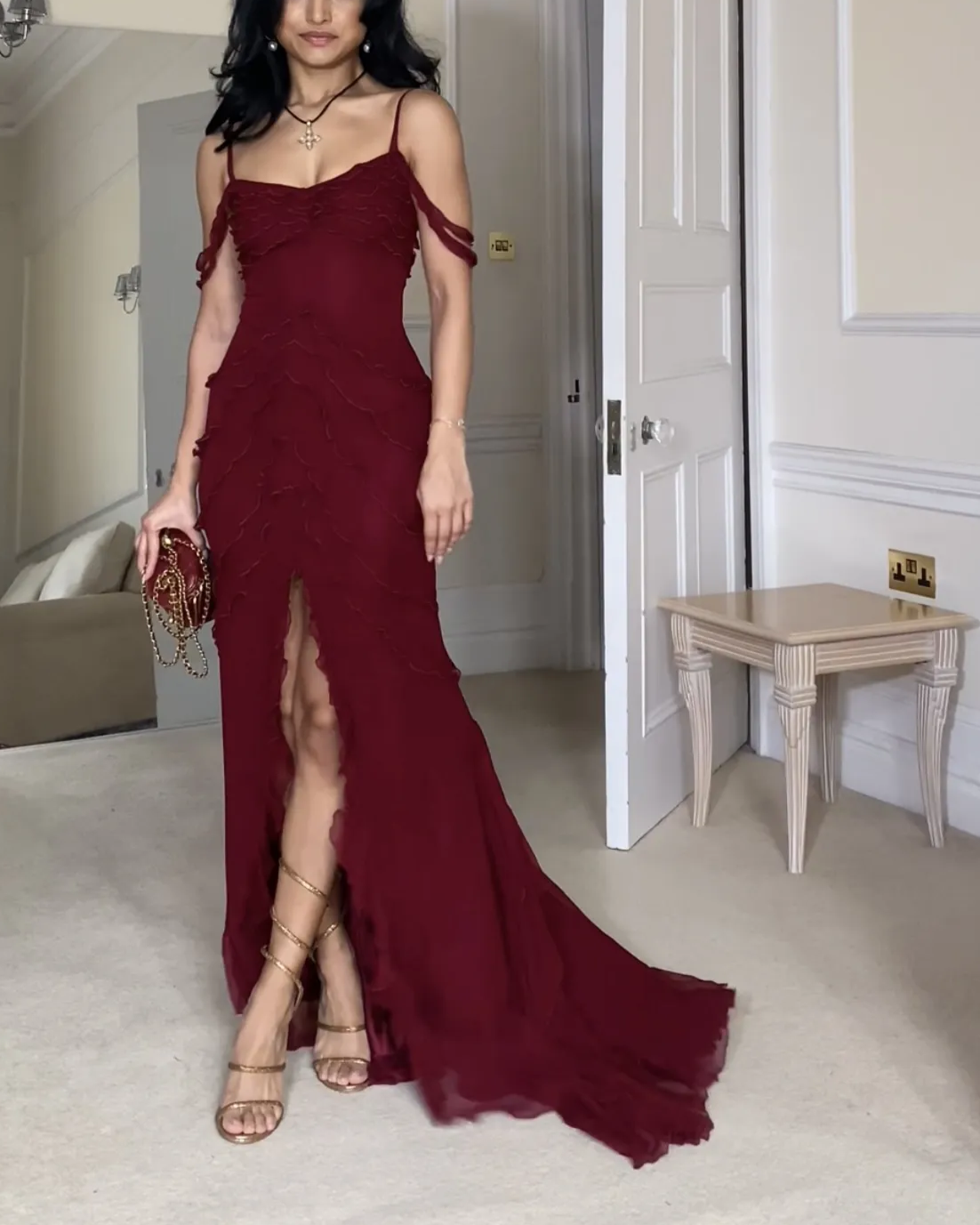 Wine Red Off Shoulder Straps Multi-Layered Ruffles Long Classy Prom Dress