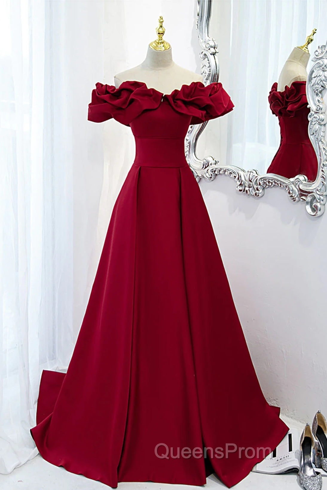 Wine Red Off Shoulder Sweetheart Long Party Dress, Wine Red Evening Prom Dress Evening Dress