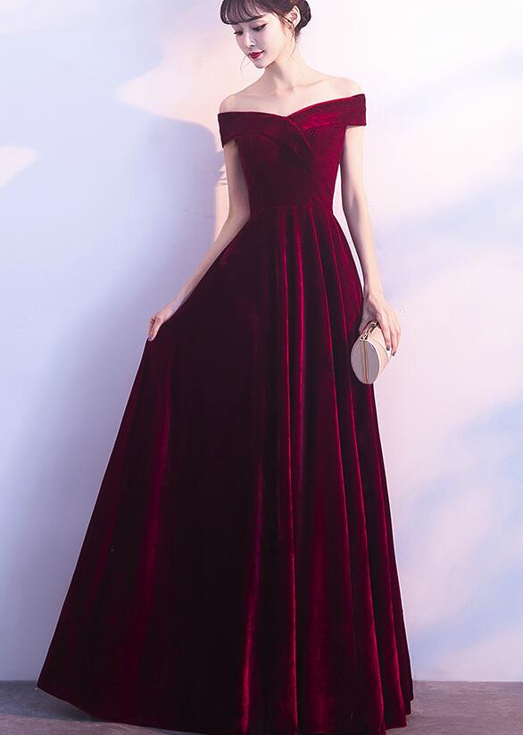Wine Red Off Shoulder Velvet Long Wedding Party Dress, Charming Classy Gown Secondary image