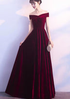Wine Red Off Shoulder Velvet Long Wedding Party Dress, Charming Classy Gown