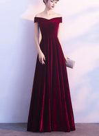 Wine Red Off Shoulder Velvet Long Wedding Party Dress, Charming Classy Gown