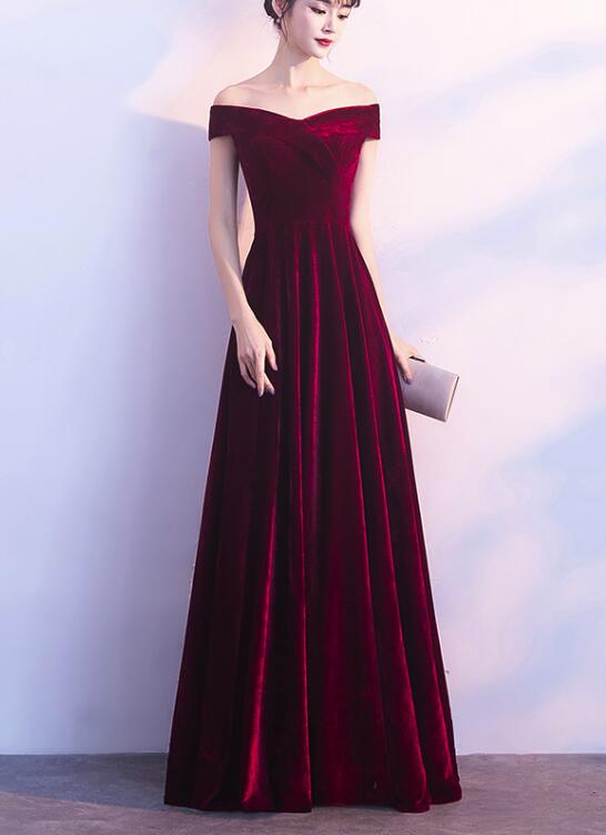 Wine Red Off Shoulder Velvet Long Wedding Party Dress, Charming Classy Gown