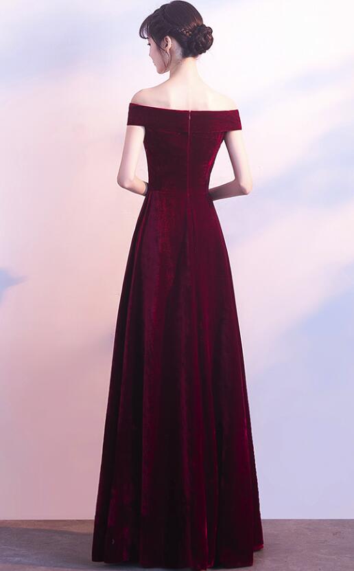 Wine Red Off Shoulder Velvet Long Wedding Party Dress, Charming Classy Gown