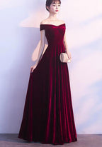 Wine Red Off Shoulder Velvet Long Wedding Party Dress, Charming Classy Gown