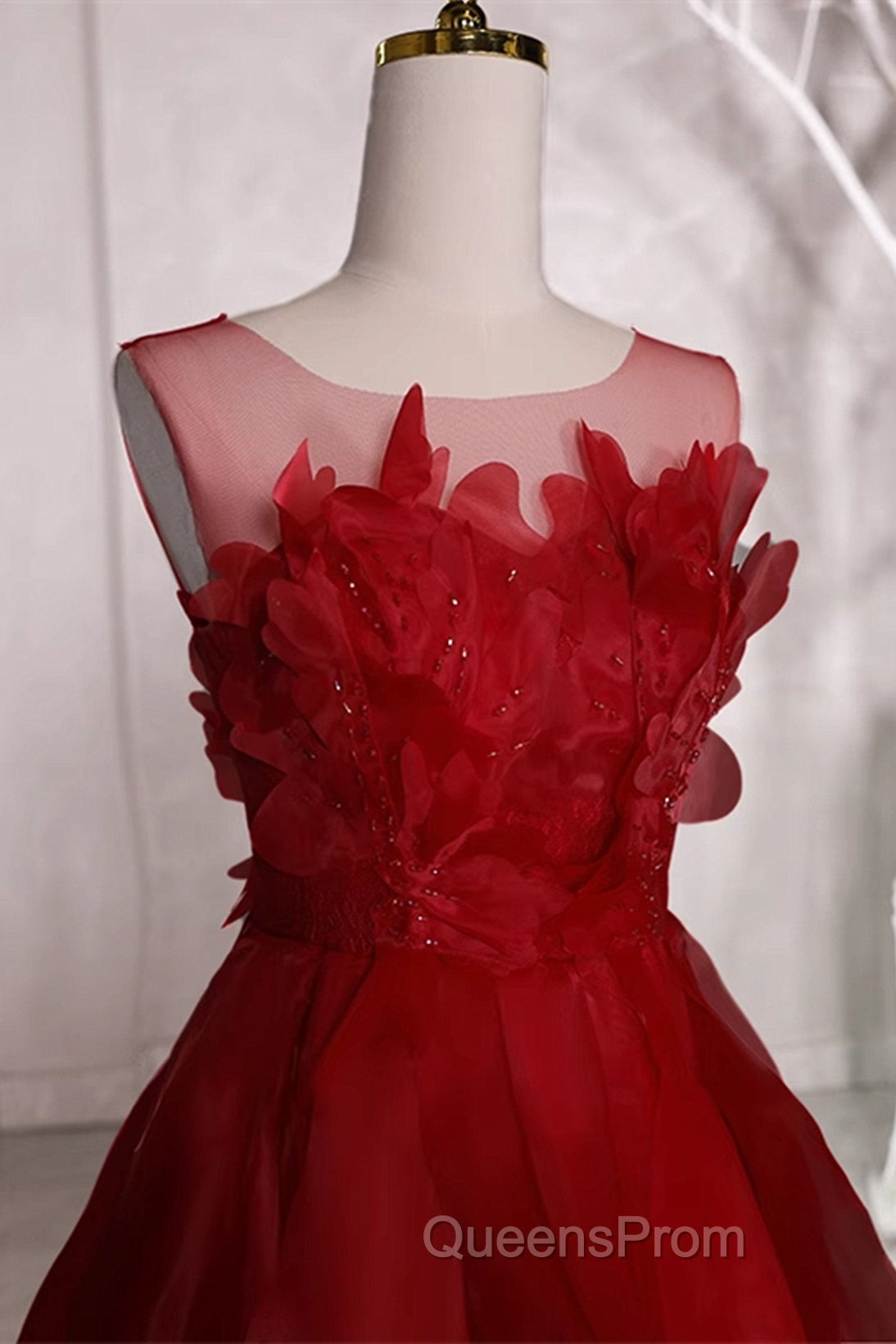 Wine Red Round Neckline A-Line Beaded Party Dress, Wine Red Long Evening Prom Dress