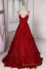 Wine Red Round Neckline A-Line Beaded Party Dress, Wine Red Long Evening Prom Dress