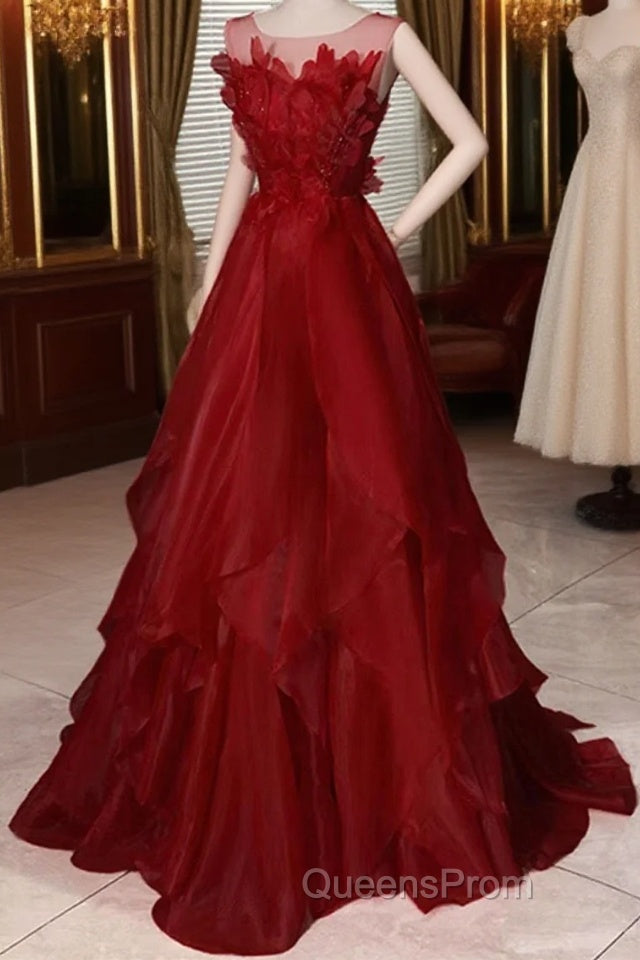 Wine Red Round Neckline A-Line Beaded Party Dress, Wine Red Long Evening Prom Dress Main image