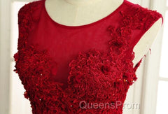 Wine Red Round Neckline Lace High Low Homecoming Dress, High Low Formal Dress
