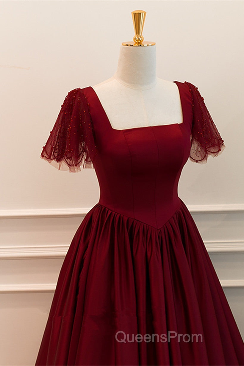 Wine Red Satin A-Line Floor Length Party Dress, Wine Red Evening Dress Secondary image