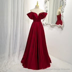 Wine Red Satin A-line Floor Length Party Dresses, Burgundy Long Formal Dresses