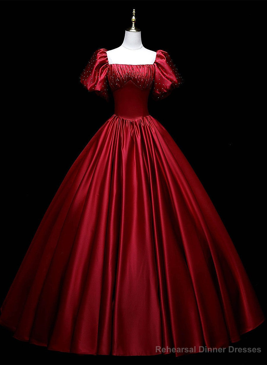 Wine Red Satin Beaded Ball Gown Sweet 16 Dress, Wine Red Evening Formal Dress Secondary image