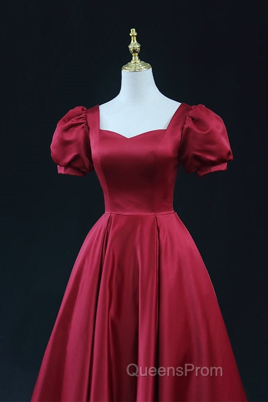 Wine Red Satin Bridesmaid Dress Party Dress, Tea Length Evening Prom Dress