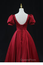 Wine Red Satin Bridesmaid Dress Party Dress, Tea Length Evening Prom Dress