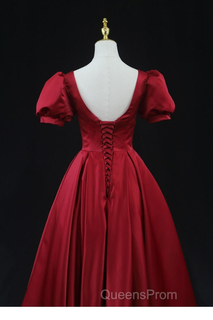 Wine Red Satin Bridesmaid Dress Party Dress, Tea Length Evening Prom Dress