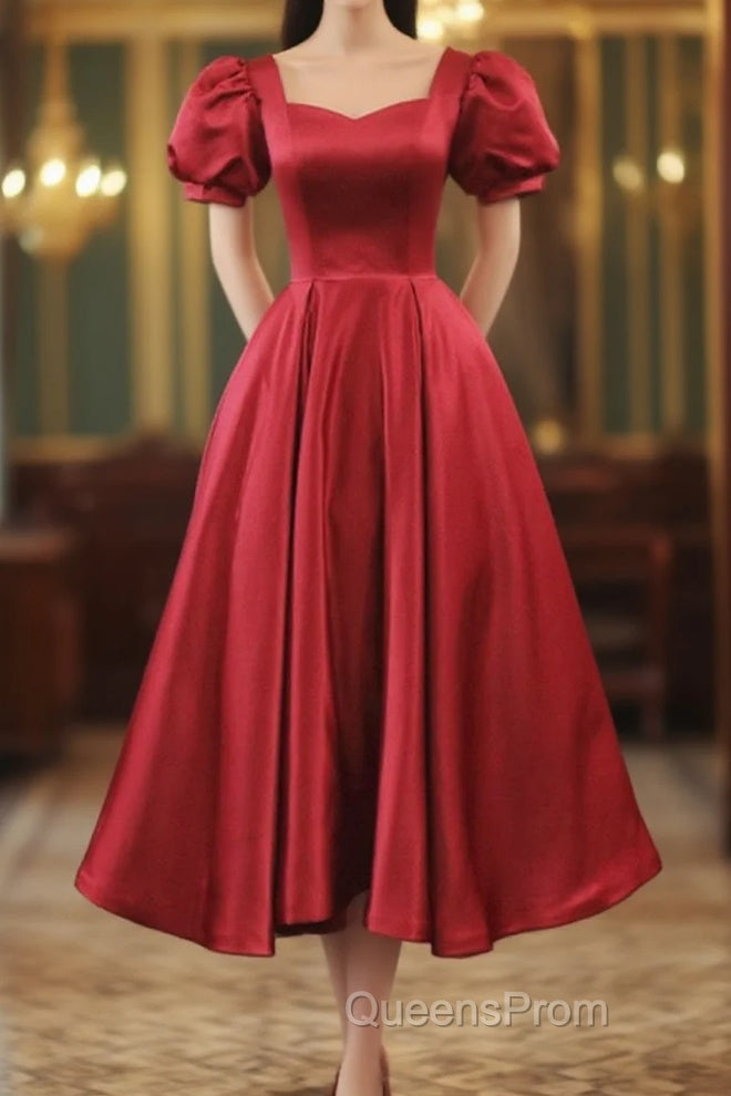 Wine Red Satin Bridesmaid Dress Party Dress, Tea Length Evening Prom Dress Main image