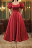 Wine Red Satin Bridesmaid Dress Party Dress, Tea Length Evening Prom Dress