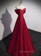 Wine Red Satin Long Party Dress, A-Line Wine Red Satin Evening Prom Dress
